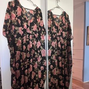 Unique Vintage Black and Pink Floral Burton Caftan Swimsuit Coverup One Size
